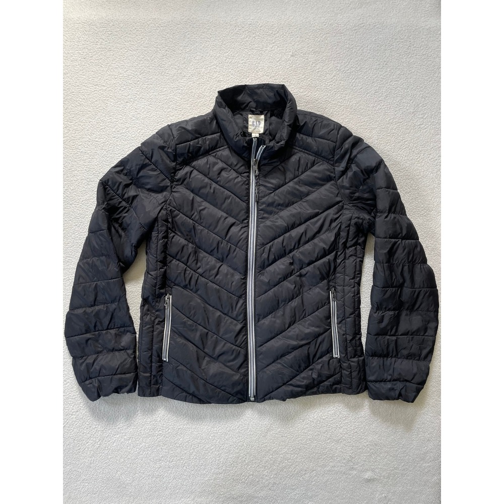 Gap Womens Medium Puffer Jacket Black Chevron Quilted Full Zip Lightweight
